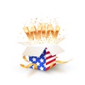 Golden WIN word flying from Open box with the texture of the national flag of the United States. Greeting of winner