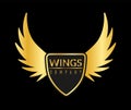 Golden wing logo. Eagle or angel flying wings with gold shield, sport or business success awards, shiny luxury