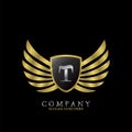 Golden Wing Shield Luxury Initial Letter T logo design concept