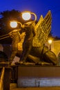 Golden-winged griffons on Bank bridge over Griboyedov canal at night, Saint Petersburg, Russia Royalty Free Stock Photo