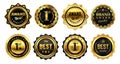 Golden winner badges. Retro gold quality stamp, exclusive circle badge and heraldic award vector illustration set Royalty Free Stock Photo