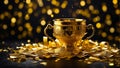 Golden winner cup on dark background congratulation