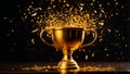 Golden winner cup on dark background congratulation prize creative