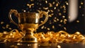 Golden winner cup on dark background congratulation prize