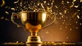 Golden winner cup on dark background congratulation shiny