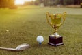 Golden winner cup with golf ball and golf club on green grass on golf course