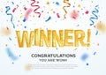 Golden winner word on white background with colorful confetti. Winning vector illustration template. Congratulations