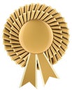 Golden winning award, rosette ribbon, award ribbon, prize, medal or badge with ribbons. 3D rendering