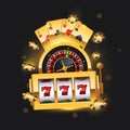 Golden winning slot machine, flying playing cards and roulette wheel