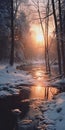 Golden Winter Glow: A Photorealistic Frozen River In A Snowy Forest