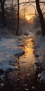 Golden Winter Stream: A Photorealistic Sleet Scenery With Sparkling Water Reflections