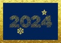 Golden wish card new year 2024 with geometric font with star and snowflake on a gold and blue background