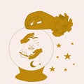 Golden woman face, crystal globe and celestials, vector illustration Royalty Free Stock Photo