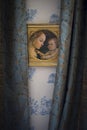 Golden wooden frame with an oil reproduction of the Filippo Lippi`s famous painting `Madonna with the Child and two Angels` 1465,