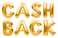 Golden word CASHBACK made of inflatable balloons isolated on white. Gold foil balloon letters. Accounting, banking, money, salary