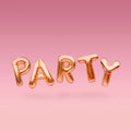 Golden word PARTY made of inflatable balloons floating on pink background. Gold foil balloon letters. Celebration concept