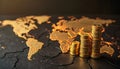 Gold Coins Stacked on World Map Royalty Free Stock Photo