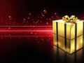 Golden Wrapped Gift Box with a Golden Bow on Reflective Surface on Red Background, created with Generative AI technology