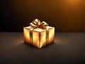 Golden Wrapped Gift Box with a Golden Bow on Reflective Surface on Red-brown Background, created with Generative AI technology