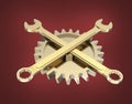 Golden wrenches crossed in front of gearwheel isolated on red background bottom view