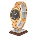 Golden wrist watch on the stand holder. 3D rendering