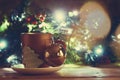 Golden Xmas bells, coffee cup and cookie