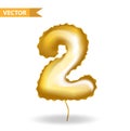 Golden yellow balloon number 2. Isolated on white background. Vector illustration. Royalty Free Stock Photo