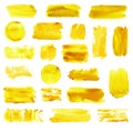 Golden yellow brush set, bright colors, various shapes, on white background hand drawn illustration