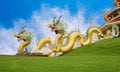 Golden yellow Chinese dragon at Huai Pla Kung Temple, a bublic Chinese temple in Chiang Rai Province, Thailand, against a blue sky Royalty Free Stock Photo