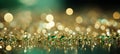Golden yellow and emerald green glitter lights backgroundfestive backdrop for celebration or party.