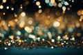 Golden yellow emerald green glitter lights with blurred bokeh for festive celebrations