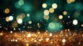 Golden yellow and emerald green glitter lights bokeh background for celebration with copy space
