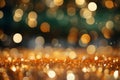 Golden yellow and emerald green glitter lights bokeh background for celebrations with copy space Royalty Free Stock Photo