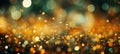 Golden yellow and emerald green glitter lights bokeh background for celebrations with copy space Royalty Free Stock Photo