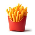 Golden Yellow French Fries in a Red Paper Container on White Background. Generative Ai