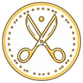 Golden yellow open scissors illustration icon with brown outline inside a decorative dotted circle frame Royalty Free Stock Photo
