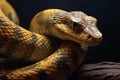 Golden yellow Python the snake on black background. Generated AI Royalty Free Stock Photo