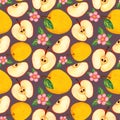 Golden yellow watercolor pattern with apples and blooming branch Royalty Free Stock Photo