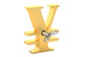 Golden Yen symbol with wind-up key, 3D rendering