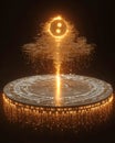 Golden Yin Yang Digital Tree of Life Floating Above a Futuristic Cybernetic Circular Platform with Binary Code Data Streams and Royalty Free Stock Photo