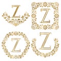 Golden Z letter ornamental monograms set. Heraldic symbols in wreaths, square and round frames