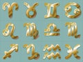 Golden Zodiac Signs Stickers Aries Taurus Gemini Cancer Leo Virgo Libra Scorpio Sagittarius Capricorn Aquarius and Pisces.