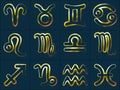 Golden Zodiac Signs Stickers Aries Taurus Gemini Cancer Leo Virgo Libra Scorpio Sagittarius Capricorn Aquarius and Pisces.