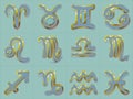 Golden Zodiac Signs Stickers Aries Taurus Gemini Cancer Leo Virgo Libra Scorpio Sagittarius Capricorn Aquarius and Pisces. Royalty Free Stock Photo