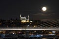 Goldenhorn and metro bridge view at dusk with full moon in istanbul at winter season.