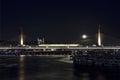 Goldenhorn and metro bridge view at dusk with full moon in istanbul at winter season.