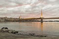 Goldenhorn view in the early morning with halic metro bridge and galata tower.