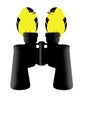 Goldfinches sit on a pair of birdwatching binoculars in illustration about the hobby of bird watching Royalty Free Stock Photo