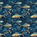 Goldfish in aquarium with blue plants. AI generative illustration