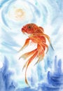 Goldfish as a symbol of good luck and wealth. Hand drawn watercolors on paper texture. Bitmap